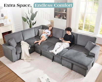 VanAcc 130" Sofa Bed, Sectional Sleeper Sofa with Pull Out Bed, Sleeper Couch for Living Room, 6 Seater Couch with Storage, Corduroy Grey