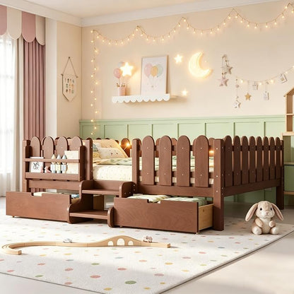 Bellemave Queen Kids Montessori Bed with Stairs, Bookshelf and LED Lights, Solid Wood Kids Bed Frame with Storage Drawers for Boys Girls, Low Profile,Deep Natural