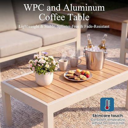 4-Piece 4-Seater Aluminum Patio Furniture Set, Outdoor Patio Table and Chairs Set with 2 Single Chairs+Loveseat+Coffee Table, 1.5mm Thick Rustproof Frame, Waterproof Washable Cushions for Porch Deck