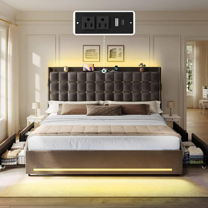YITAHOME King Size Bed Frame with 4 Drawers and RGB LED Lights, Velvet Upholstered Platform Bed with Charging Station and Storage Headboard, No Box Spring Needed, Easy Assembly, Noise-Free, Dark Grey