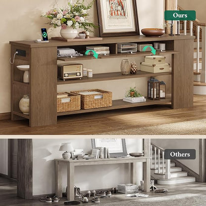 71.8 Inch Extra Long Console Table with Drawers, Farmhouse Long Console Table with Shelves & Built-in Outlets, Entryway Table with Storage for Living Room, Entryway, Hallway, Brown