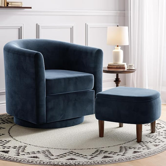 Swivel Accent Chair with Storage Ottoman, Small Modern Velvet Barrel Chair, Upholstered Armchair with Footrest for Living Room/Reading/Bedroom, 24.8'' D x 25.38'' W x 25.6'' H, Blue