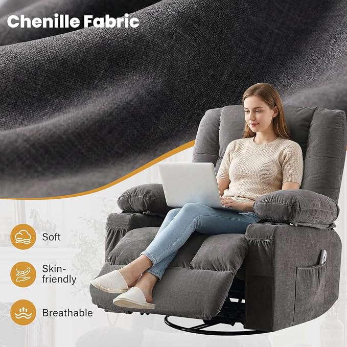 Swivel Recliner Chair for Adults with Vibration Massage and Lumbar Heat , Oversized Ergonomic Rocking Chair for Living Room and Bedroom, Featuring Side Pocket, 2 Cup Holders & USB Charge Port