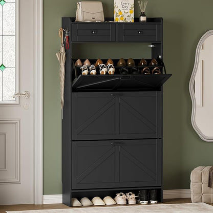 BORNOON Shoe Storage Cabinet for Entryway, Farmhouse Narrow Shoe Cabinet with 3 Flip Drawers & 2 Top Drawers, Adjustable Shelves & Hooks, Freestanding Hidden Rack Organizer for Hallway, Foyer