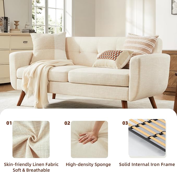 Tbfit 65" W Loveseat Sofa, Mid Century Modern Decor Love Seat Couches for Living Room, Button Tufted Upholstered Small Couch for Bedroom, Solid and Easy to Install Love Seats Furniture, Beige