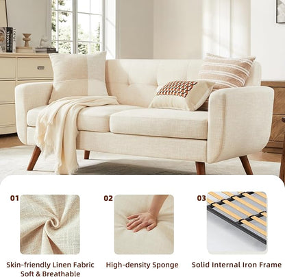 Tbfit 65" W Loveseat Sofa, Mid Century Modern Decor Love Seat Couches for Living Room, Button Tufted Upholstered Small Couch for Bedroom, Solid and Easy to Install Love Seats Furniture, Beige