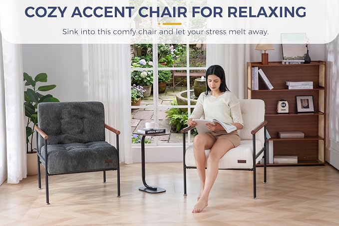 MAXYOYO Living Room Accent Chair, Modern Chair with Sturdy Metal Frame & Wood Armrests, Upholstered Reading Chair with Upholstered Cushion for Bedroom Balcony Porch, Dark Grey