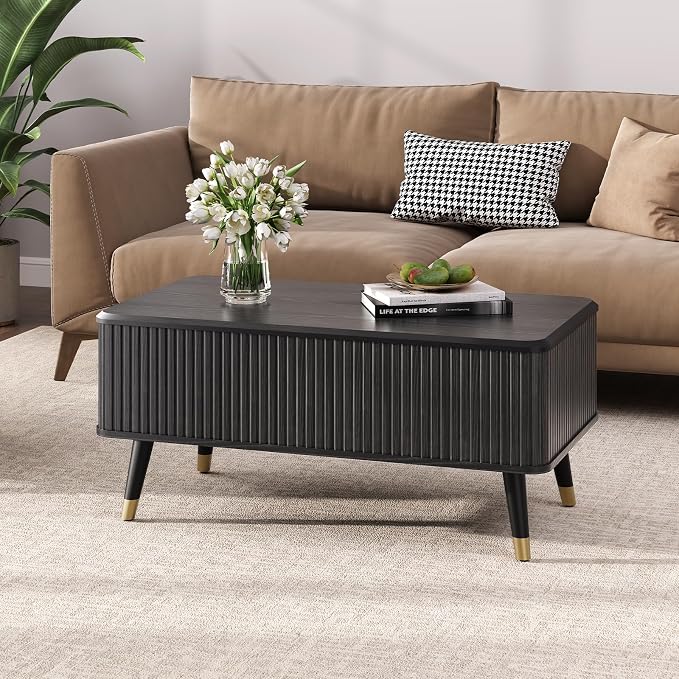 Lift Top Coffee Table with Storage, Modern Coffee Table with Solid Wood Legs, 38" Minimalist Fluted Center Table for Living Room, Home Office, Black
