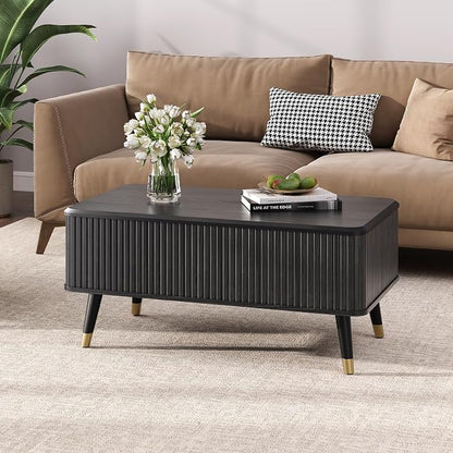 Lift Top Coffee Table with Storage, Modern Coffee Table with Solid Wood Legs, 38" Minimalist Fluted Center Table for Living Room, Home Office, Black