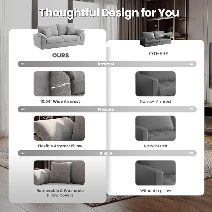89.8" Modern Loveseat Sofa for Living Room, Cloud Boneless Couches with 4 Pillows, Mid Century Loveseat couches for Small Place, No Assembly Required, Light Grey
