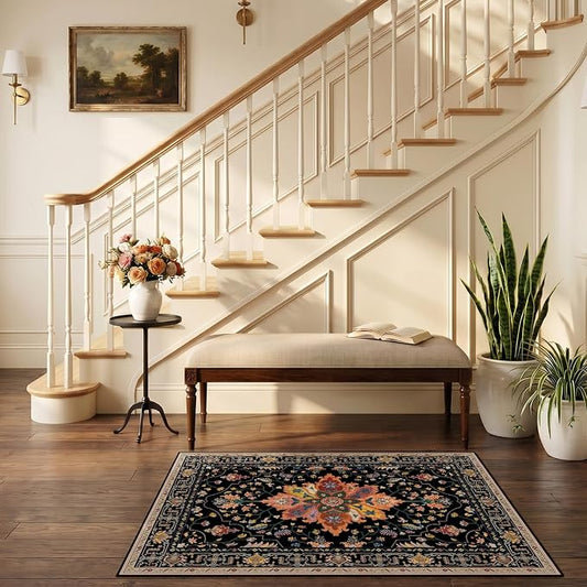 RELEANY Area Rugs Small 2'6"x4' Washable Non-Slip, Floral Vintage Distress Medallion Carpet for Kitchen Entryway Bathroom, Black Colorful Floral Dark Tan