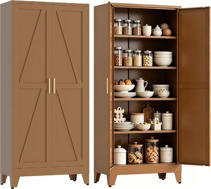 71”H Metal Kitchen Pantry Cabinet, Pantry Cabinets with 2 Doors and 4 Shelves, Kitchen Cabinet for Kitchen, Dining Room, Living Room and Bathroom, Brown