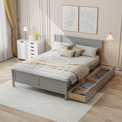 Giantex Wood Full Size Bed Frame with 2 Storage Drawers, Solid Wood Platform Bed with Headboard, Wooden Slats Mattress Foundation, No Spring Needed, Full Bed Frame for Kids, Teens, Adults, Grey