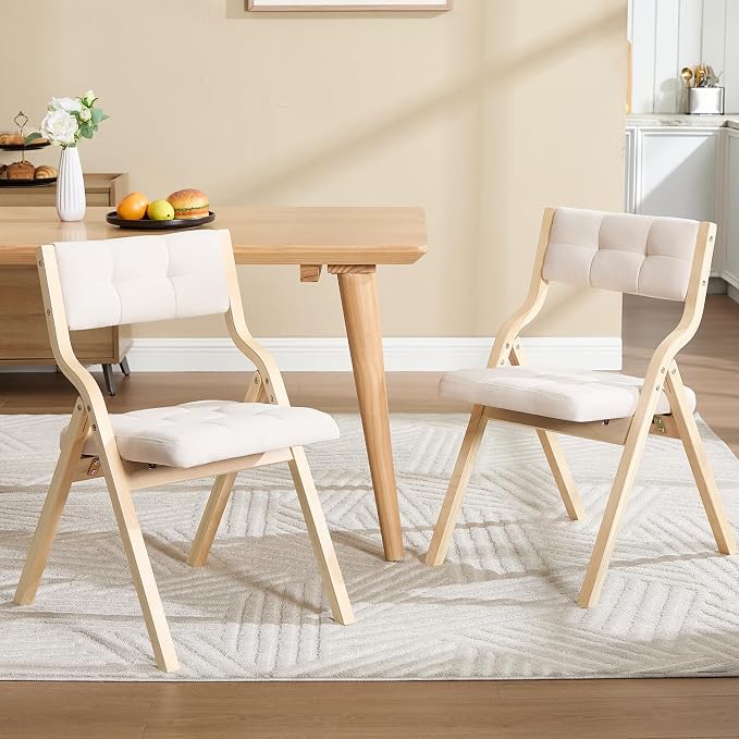 Folding Dining Chairs with Cushion Set of 2,Padded Foldable Dining Chairs,Portable Wooden Folding Chairs for Dining Rooms Kitchen Wedding and Party Indoor Beige