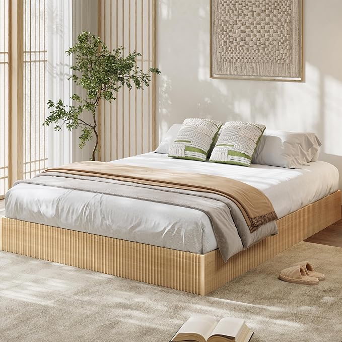 Garvee California King Bed Frame, Wood Platform Bed with Fluted Design, Low Profile BedFrame, Minimalist Bed Base with Noise-Free, Easy Assembly, No Box Spring Needed, Natural