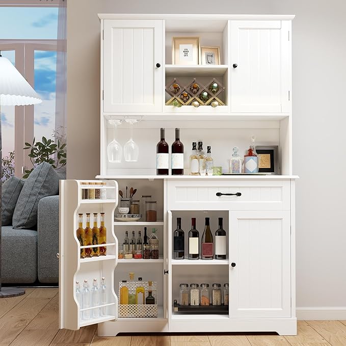 Gizoon Tall Kitchen Storage Cabinet with Door and Shelves, 67" Kitchen Pantry Cabinet Large Coffee Bar Hutch with Storage for Dining Room, Painted White