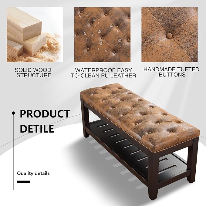 adochr PU Leather Large Rectangular Ottoman with Storage, Upholstered Entryway Bench for Living Room, Oversized Button Tufted Ottoman with Wood Shelf Storage, Brown