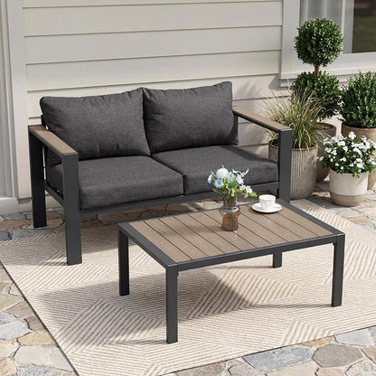 Patio Furniture Set Loveseat and Coffee Table All-Weather Patio Sofa with Washable Thick Cushions, Deluxe Aluminum Modern Outside Sectional for Porch, Balcony, Deck, Yard, Dark Gray