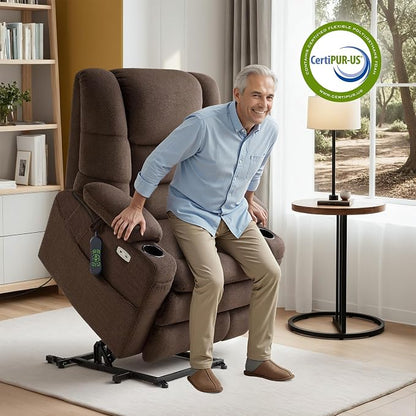 MCombo Big Man Power Lay Flat Lift Chair, Triple Motor Power Lift Recliner with Massage & Dual Heating, Adjustable Headrest, Fabric R7524 (Coffee, Medium-Wide)