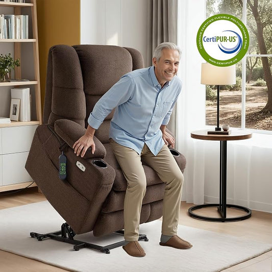 MCombo Big Man Power Lay Flat Lift Chair, Triple Motor Power Lift Recliner with Massage & Dual Heating, Adjustable Headrest, Fabric R7524 (Coffee, Medium-Wide)