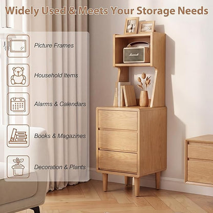Solid Wood Bookshelf with Drawers,Narrow bookcase with Storage Shelves,Tall Nightstand with Drawers,Mid Century Modern Nightstand,Open Shelf Bookcase,Small Book Shelf for Bedroom,Living Room,Offices