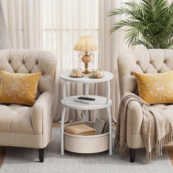Round Side Table with Storage Basket, End Table Living Room, 15.7in | Side Tables Bedroom, 3-Tier Small End Table for Living Room, Garden, Corner Tables,Small spaces,Wooden, 24in Tall