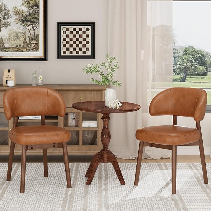MALOL Wooden Dining Chairs Set of 6, Modern Upholstered Dining Room Chair, PU Leather Kitchen Side Chairs with Curved Open Back for Living Room/Restaurant/Cafe, Brown