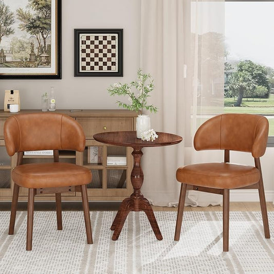 MALOL Wooden Dining Chairs Set of 2, Modern Upholstered Dining Room Chair, PU Leather Kitchen Side Chairs with Curved Open Back for Living Room/Restaurant/Cafe, Brown