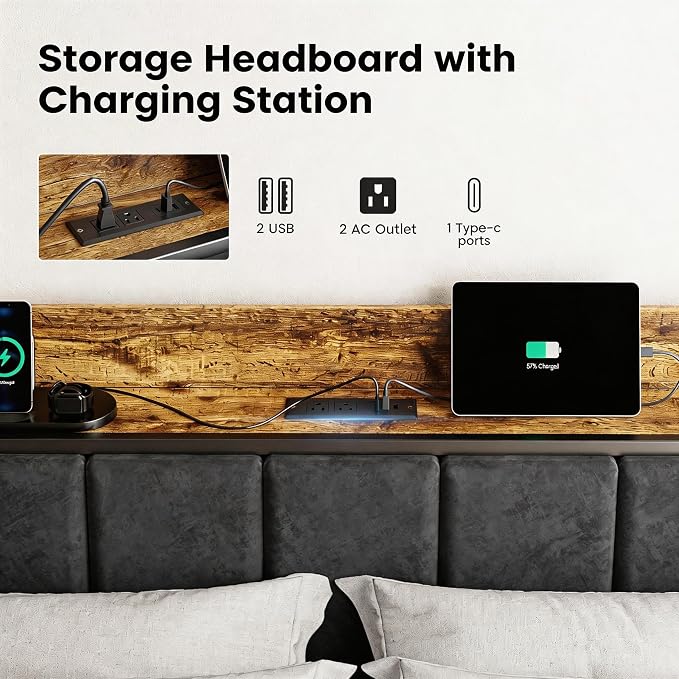 Liians Full Size LED Bed Frame with Charging Station and Storage Headboard, Metal Platform Bed, No Box Spring Needed, Easy Assembly, Noise Free
