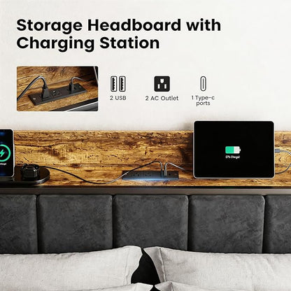 Liians Full Size LED Bed Frame with Charging Station and Storage Headboard, Metal Platform Bed, No Box Spring Needed, Easy Assembly, Noise Free