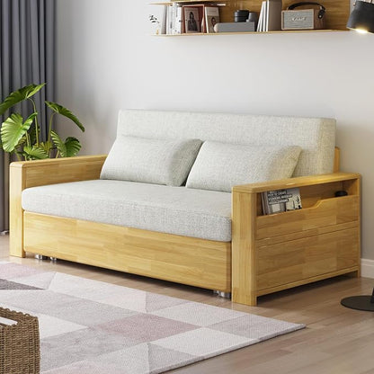 59" 3 in 1 Convertible Sleeper Sofa with Storage, Grey Soft Cushion Sectional Couch, Reversible Chaise, Solid Wood Log Color Frame Pull-Out Bed for Living Room, Apartment, Office