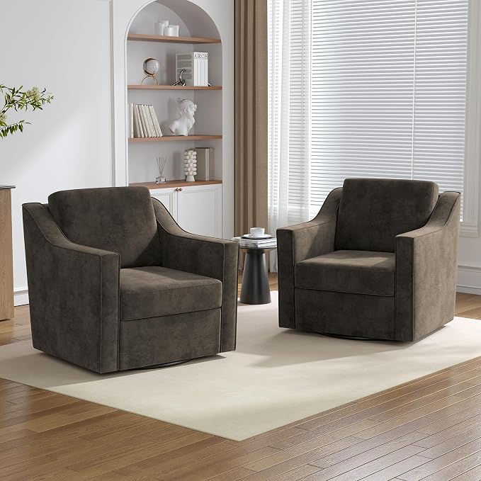 Swivel Accent Chairs Set of 2, 360° Swivel Upholstered Club Armchairs for Living Room, Comfy Single Sofa Reading Chair with Deep Seat, Metal Swivel Base, Chenille Fabric, Light Coffee