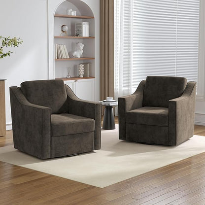 Swivel Accent Chairs Set of 2, 360° Swivel Upholstered Club Armchairs for Living Room, Comfy Single Sofa Reading Chair with Deep Seat, Metal Swivel Base, Chenille Fabric, Light Coffee