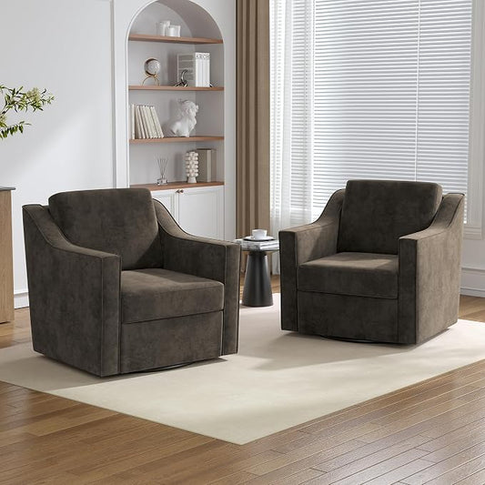 Swivel Accent Chairs Set of 2, 360° Swivel Upholstered Club Armchairs for Living Room, Comfy Single Sofa Reading Chair with Deep Seat, Metal Swivel Base, Chenille Fabric, Light Coffee