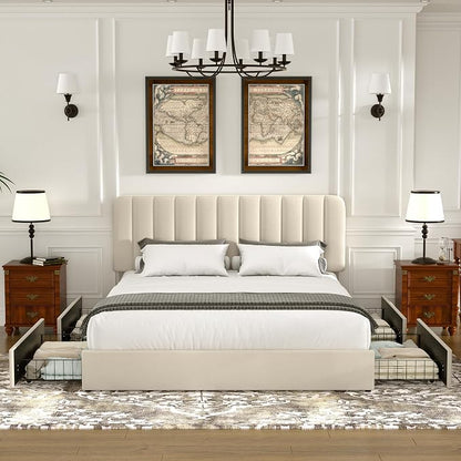 VECELO Full Size Upholstered Bed Frame with 4 Drawers and Headboard, Velvet Platform Storage Bedframe, Wooden Slats Support, No Box Spring Needed,Beige