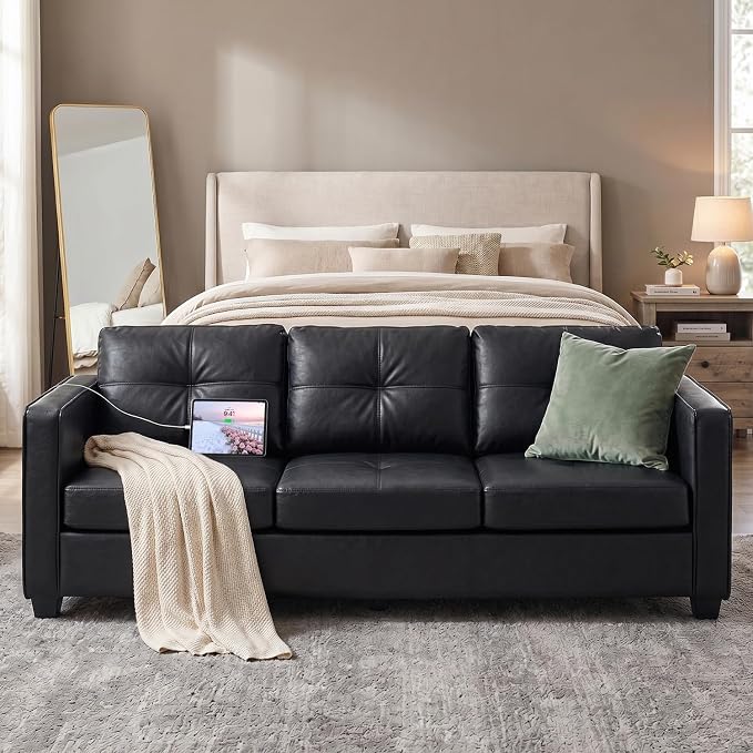 TYBOATLE 88" W Faux Leather Couches w/USB, Tufted Mid-Century Modern Comfy Black Leather Couch w/Side Pockets and Wider Arms for Living Room, 3 Seater Leathe Sofa for Office, Apartment, Bedroom