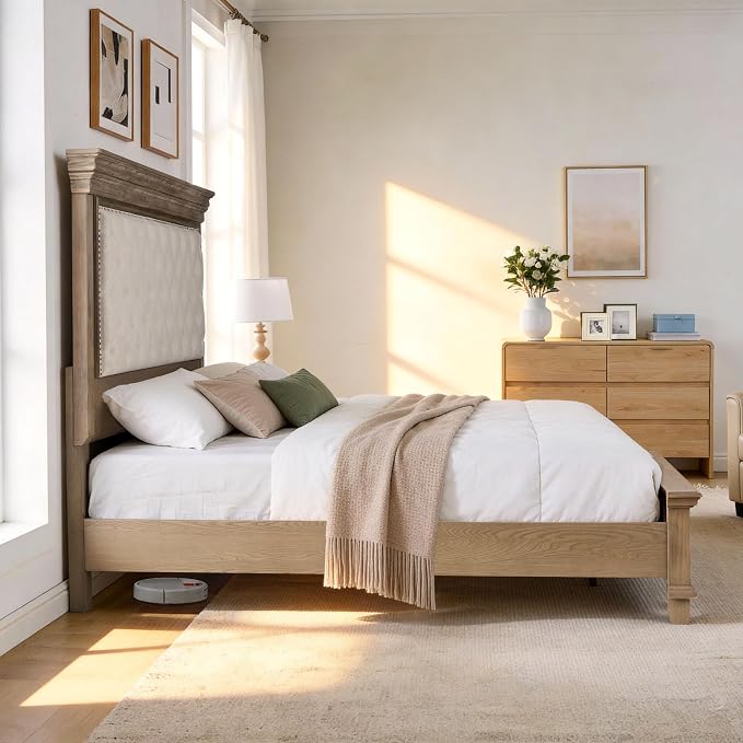 AMERLIFE Queen Size Solid Wood Bed Frame, Greige | Tufted Headboard, 68" Tall Bed and Headboard, Noise-Free, Easy Assemble, Solid Pine, Wooden Slats Support, Queen Size Bed
