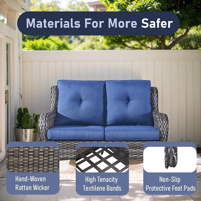 Outdoor Loveseat Sofa - 3 Piece Patio Furniture with Ottoman Deep Seating Patio Couch for Porch Deck Garden Backyard - Grey/Blue