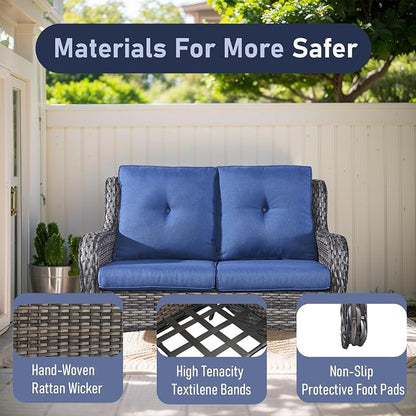 Outdoor Loveseat Sofa-2 Seater Rattan Wicker Patio Couch High Back Patio Sofa for Porch Deck Backyard-Grey/Blue