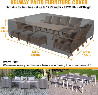 Velway Patio Furniture Cover Waterproof Outdoor Sectional Sofa Set Covers, All Weather Oxford Tear-Resistant Rectangular Table Chair Set Cover with Windproof Design, Large 126x63x28 Inch, Black