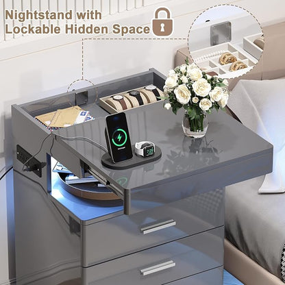 Treocho Led Nightstand with Hidden Space, Modern Night Stand with Charging Station, 3 Drawer Smart Nightstand with Glossy Finish, Tall Bedside Table with RGB Lights for Bedroom, Grey