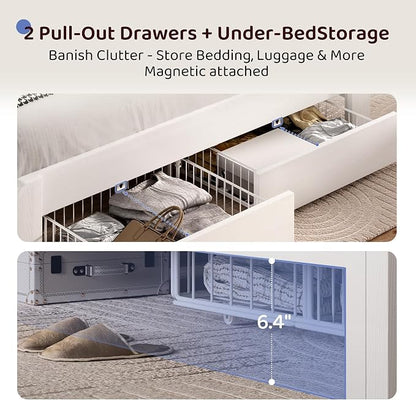 BRELTAM Queen Size Bed Frame with Storage Drawers Upholstered Bed with 2-Tier Storage Headboard and LED Light&Charging Station,Metal Platform Bed Frame Queen Size,Noise Free,No Box Spring Needed,White
