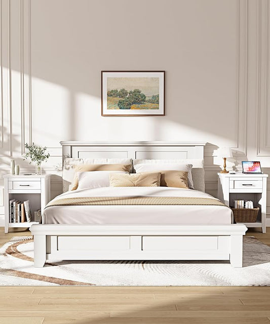 Decofy Farmhouse Nightstand with Charging Station & Large Storage, Modern End Tables with Outlets, USB Ports and Type-C Ports, Easy Assembly for Bedroom (Pure White)