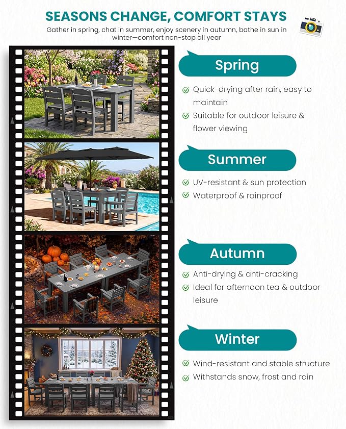 SERWALL 59" HDPE Outdoor Dining Set for 8, w/ 2 Tables & 8 Armchairs, Gray