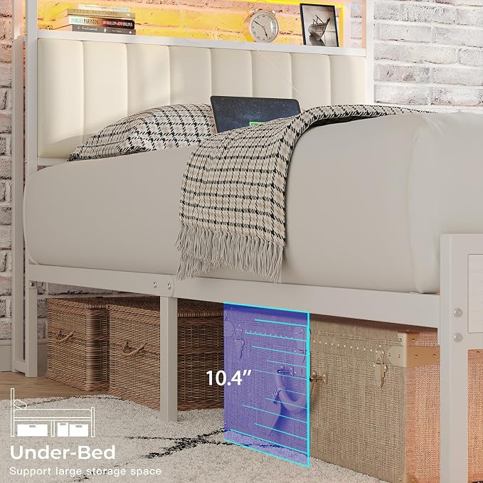 Twin Size Bed Frame with Upholstered Headboard and 2-Tier Storage Shelves | Metal / Charging Station / LED Lights / Under Bed Storage / Non-slip/ Noise Free / No Box Spring Needed / White