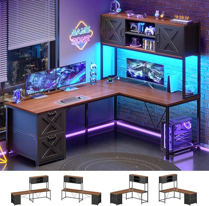 SEDETA L Shaped Gaming Desk, Reversible Computer Desk with Fabric Drawers and Power Outlet, Gaming Desk with Led Lights, Hutch and Storage Shelf for Home Office (Black and Brown)