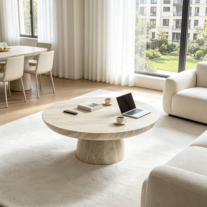 35.43" Round Marble Coffee Table, Modern Pedestal Coffee Table Faux Stone Drum Center Table with Base, Accent Concrete Side End Table for Living Room Apartment Home Office