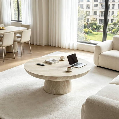 35.43" Round Marble Coffee Table, Modern Pedestal Coffee Table Faux Stone Drum Center Table with Base, Accent Concrete Side End Table for Living Room Apartment Home Office