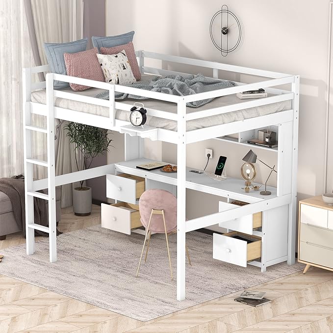 Full Size Loft Bed with Desk, Storage Cabinets, Drawers and Bedside Tray, Multifunctional Full Beds with Plug Outlets & 2 USB Port, White