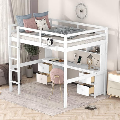 Full Size Loft Bed with Desk, Storage Cabinets, Drawers and Bedside Tray, Multifunctional Full Beds with Plug Outlets & 2 USB Port, White
